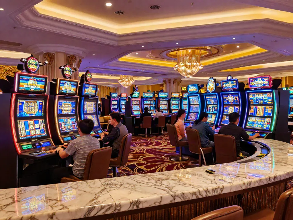 Moment captivant dans un casino gratuit avec joueurs et éclairage coloré.