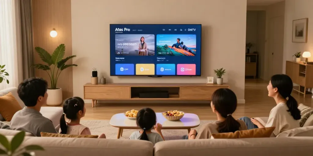 Profitez d'une soirée cinéma avec Atlas Pro ONTV dans un salon moderne