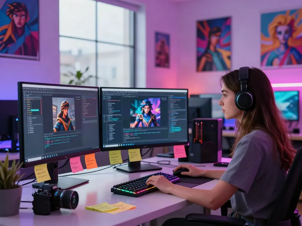 Dynamic digital workspace for character ai nsfw development featuring coding screens and creative ambiance.