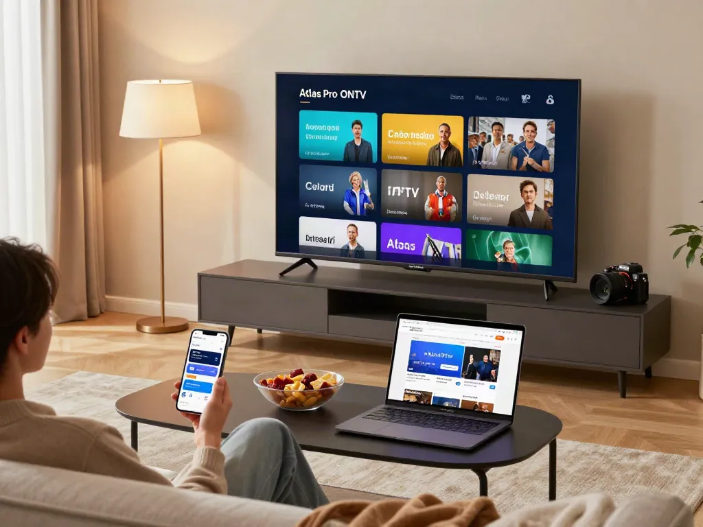 Configuration moderne de divertissement à domicile avec Atlas Pro ONTV sur TV.