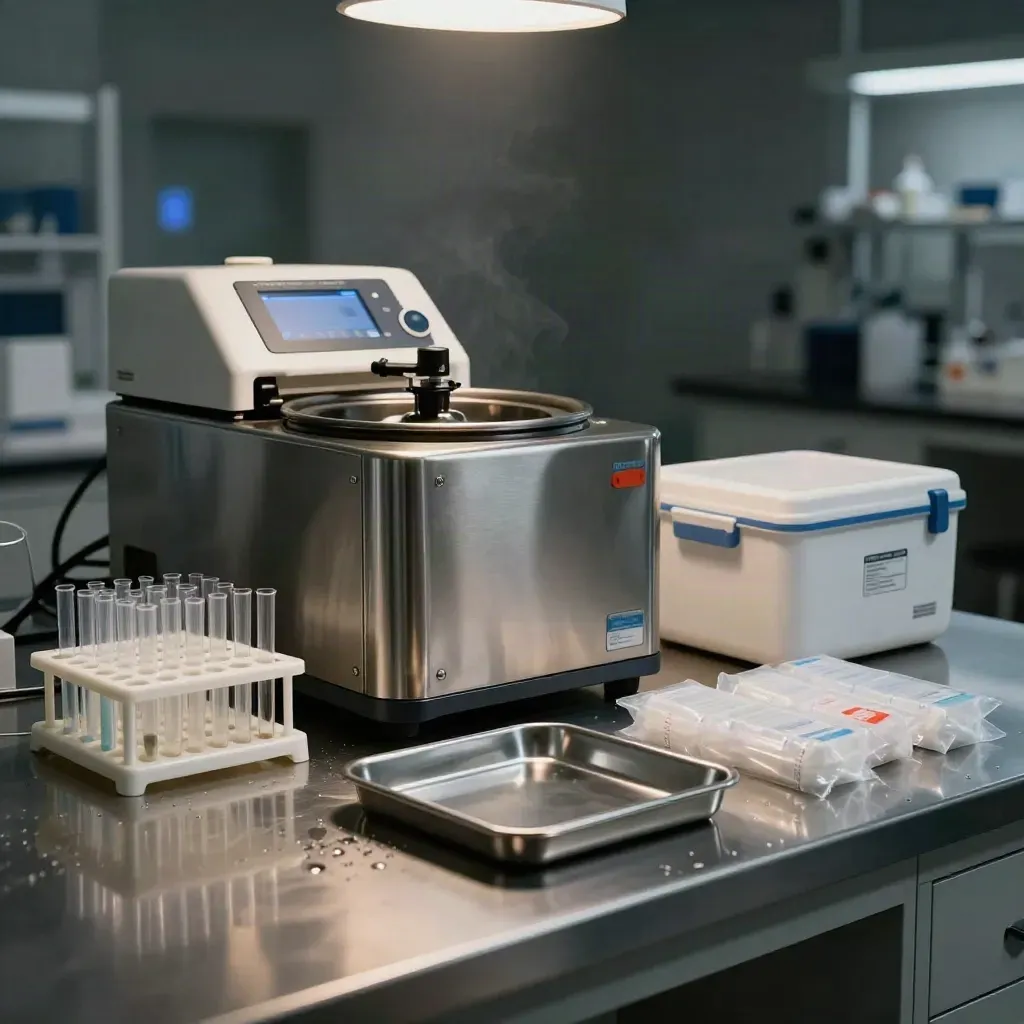Poste d’analyses sanguines en labo, centrifugeuse fermée, porte-tubes et glacière médicale.