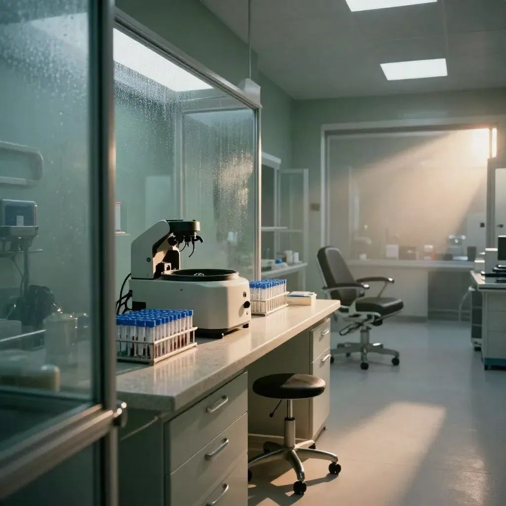 Salle de prélèvement vitrée avec centrifugeuse, tubes, fauteuil vide et lumière froide après la pluie.
