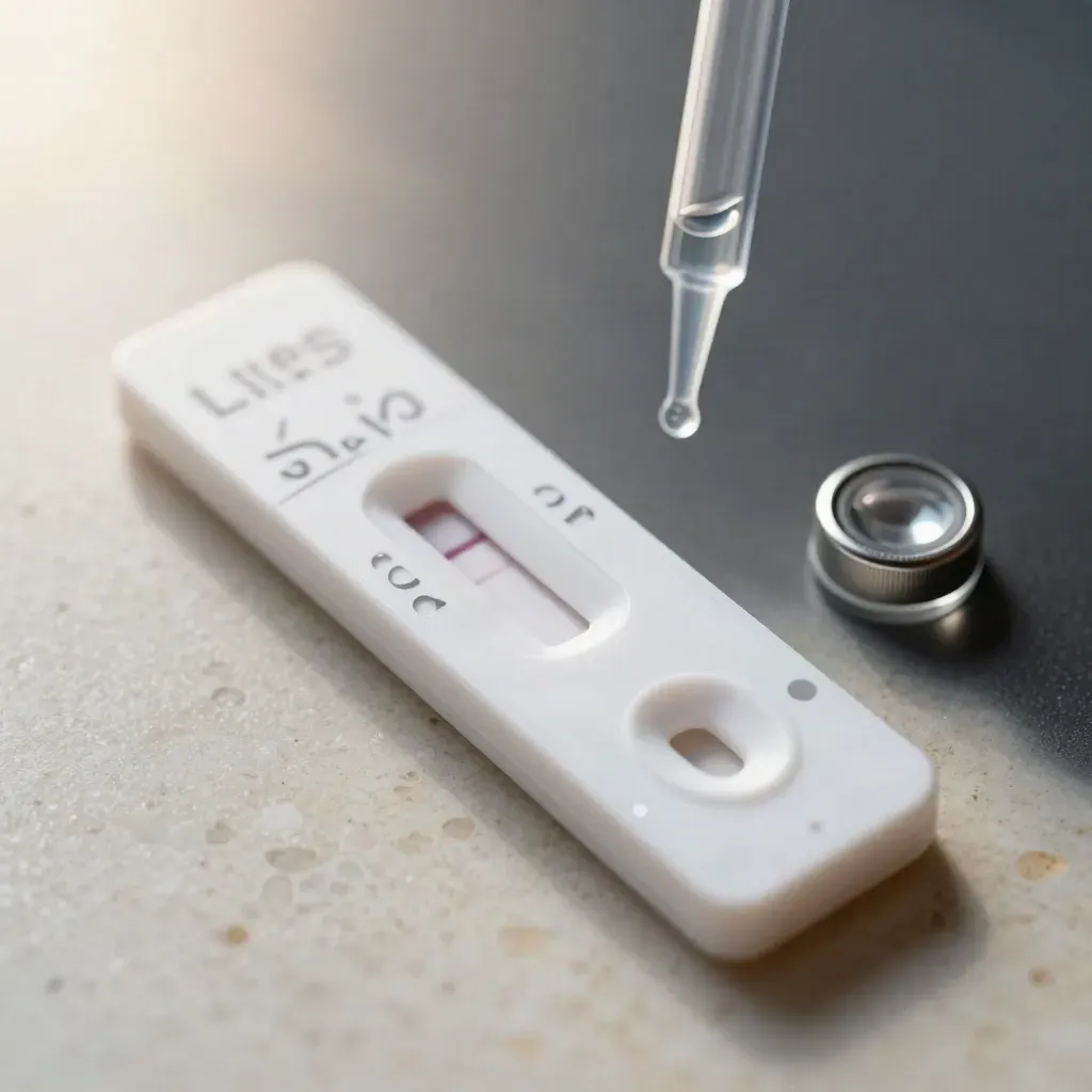 Cassette de test antigénique avec bande de résultat à peine visible, tube et minuterie.