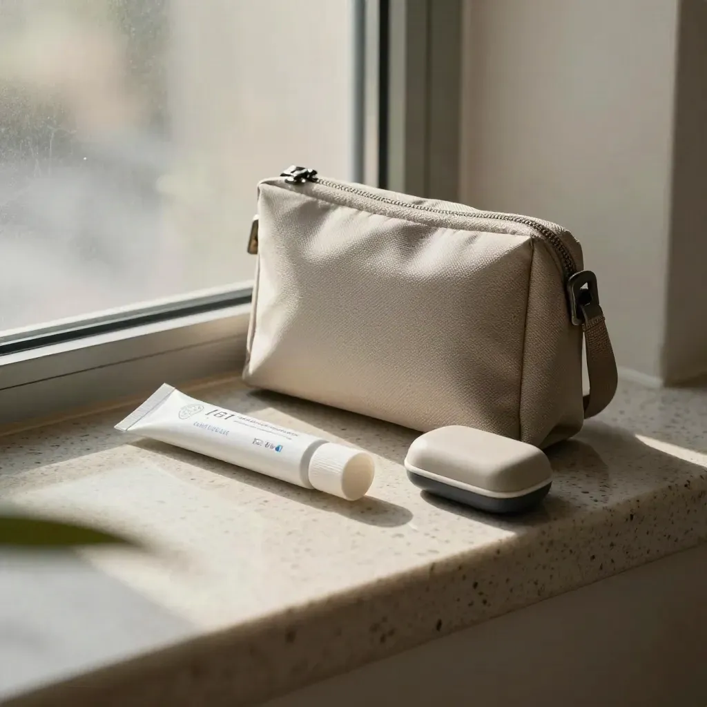 Kit de dépistage IST discret sur travertin, tube scellé et boîtier de confidentialité, lumière douce.