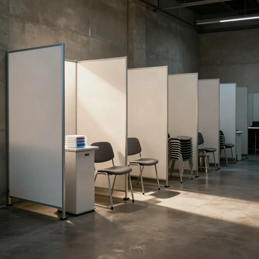 Poste temporaire de dépistage PCR vide avec cloisons pliantes et chaises alignées, lumière cinématographique.