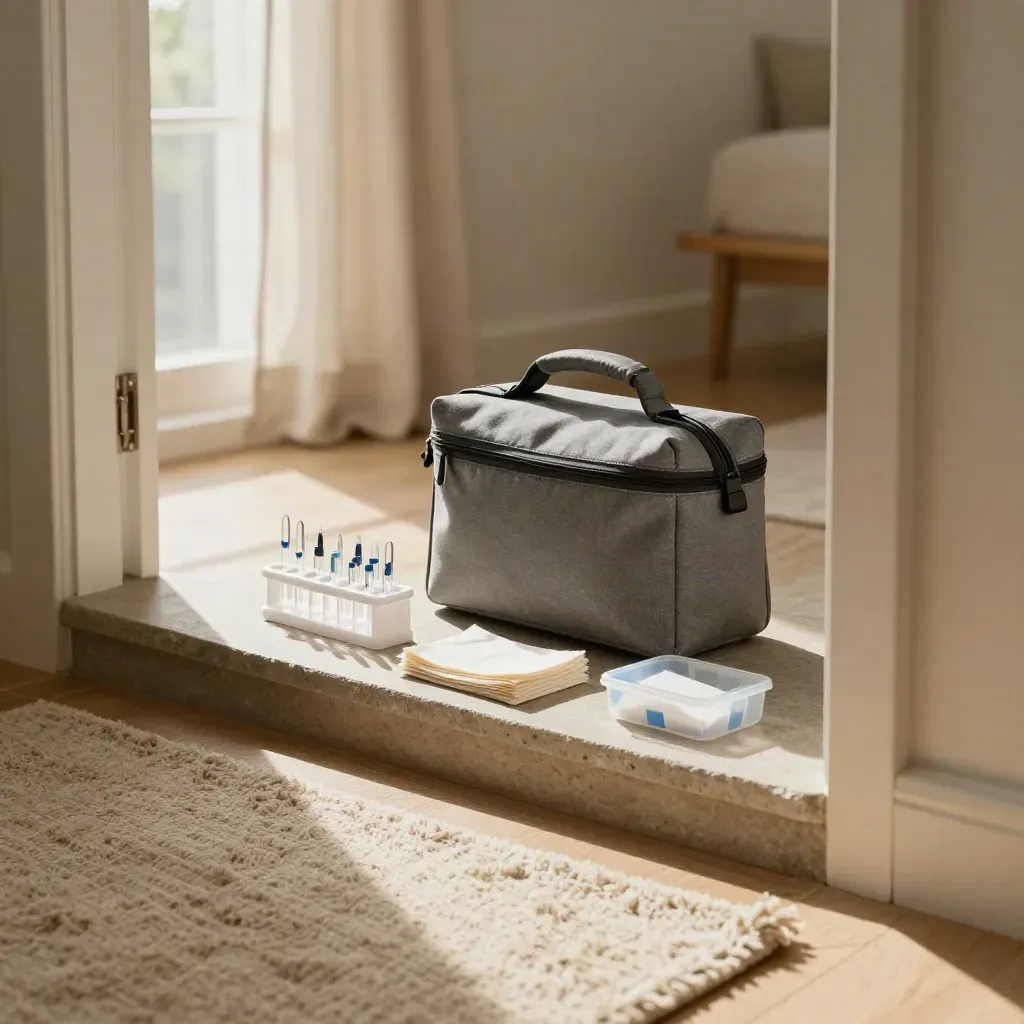 Valise de prélèvements à domicile avec tubes, compresses et pochette réfrigérée près d’un tapis clair.
