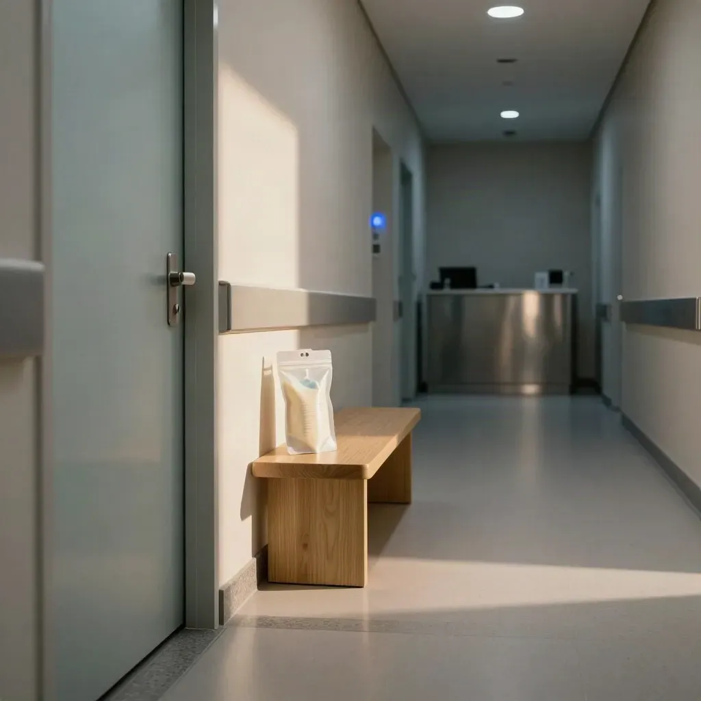 Couloir de clinique discret avec porte dépoli, banc fin et pochette scellée sous lumière douce.