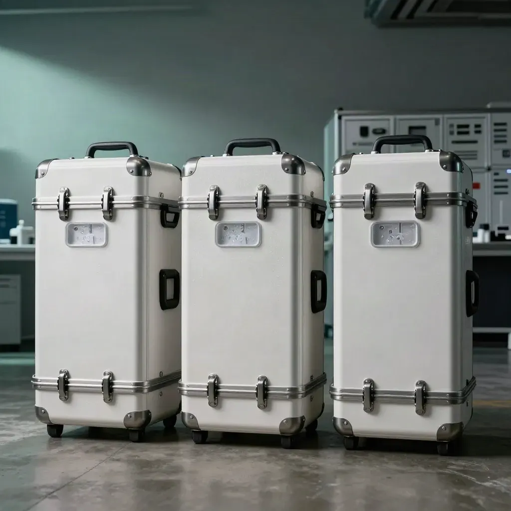 Trois caisses médicales alignées dans un bay logistique, avec glacière et casier de tri.