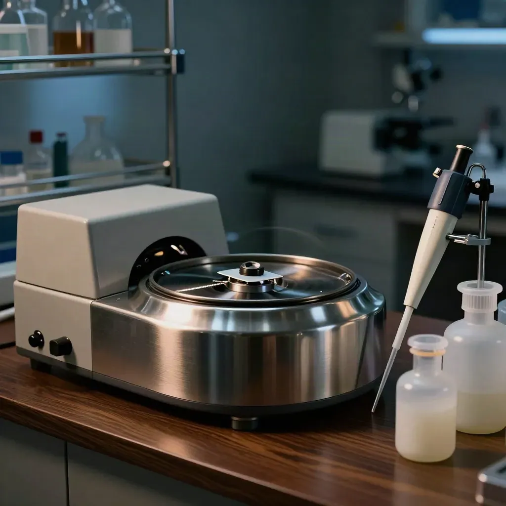 Rotor de centrifugeuse, lames de microscope et flacons de réactifs sur un plan de labo sombre.
