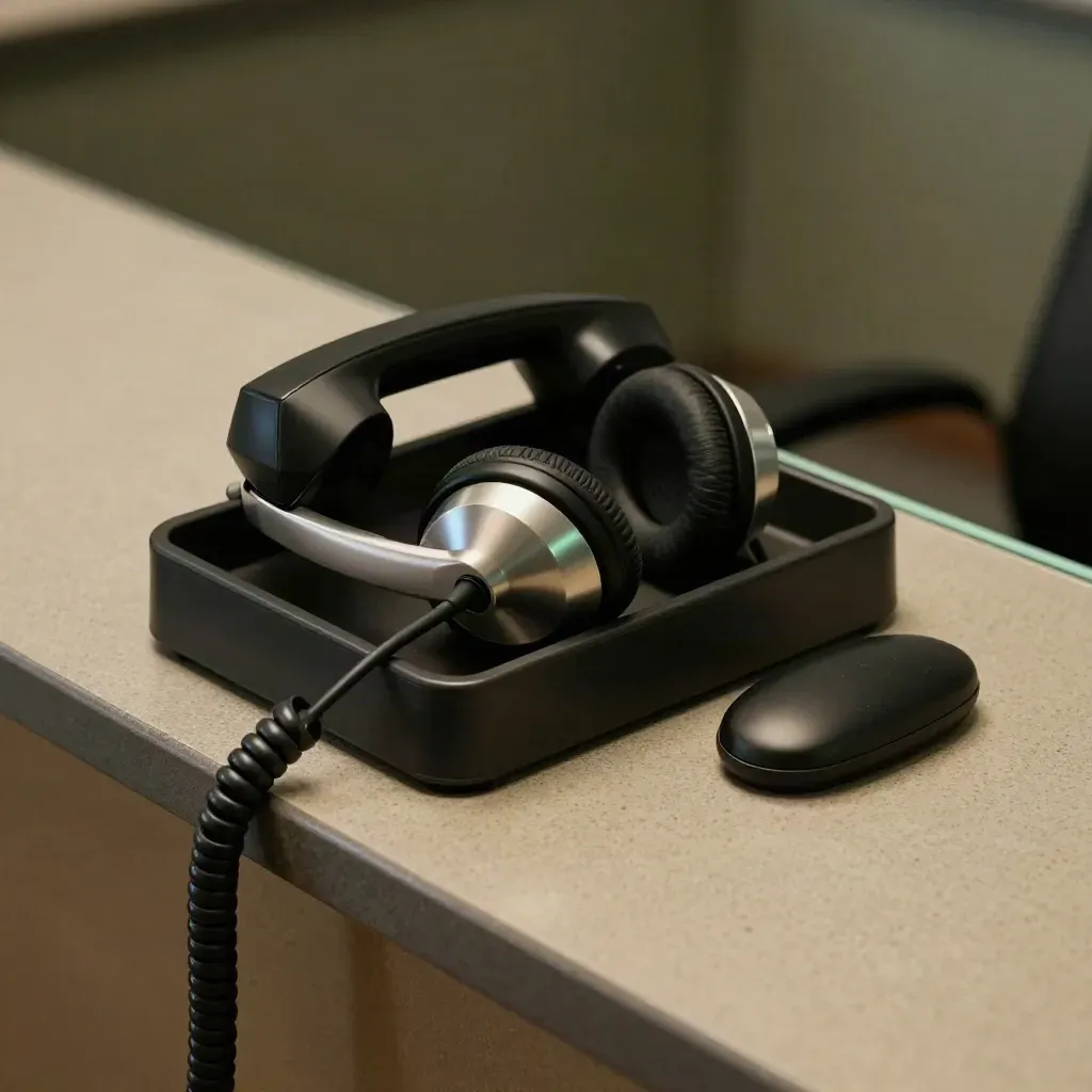 Gros plan d’un combiné téléphonique, d’un casque audio et d’un boîtier de confidentialité en clinique.