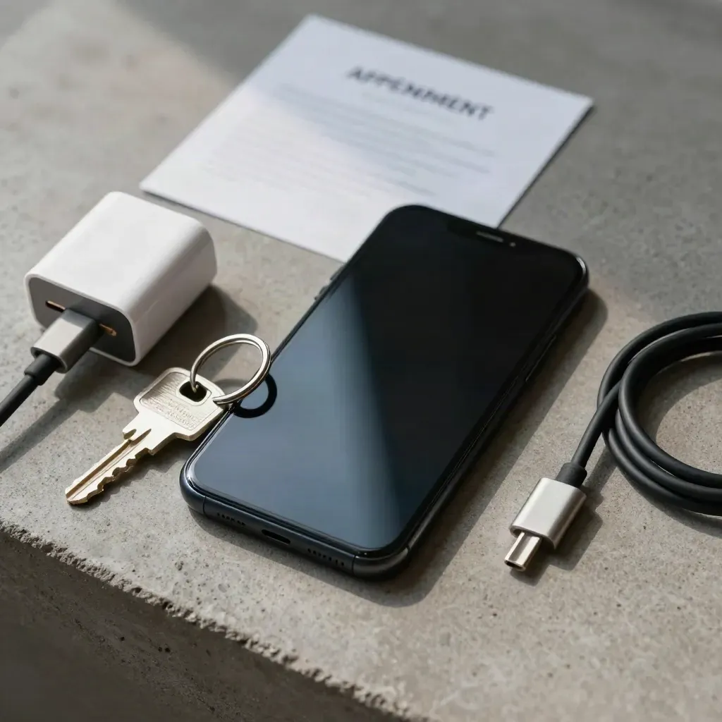 Téléphone noir, clés et chargeur sur béton, prêts pour réserver un créneau.