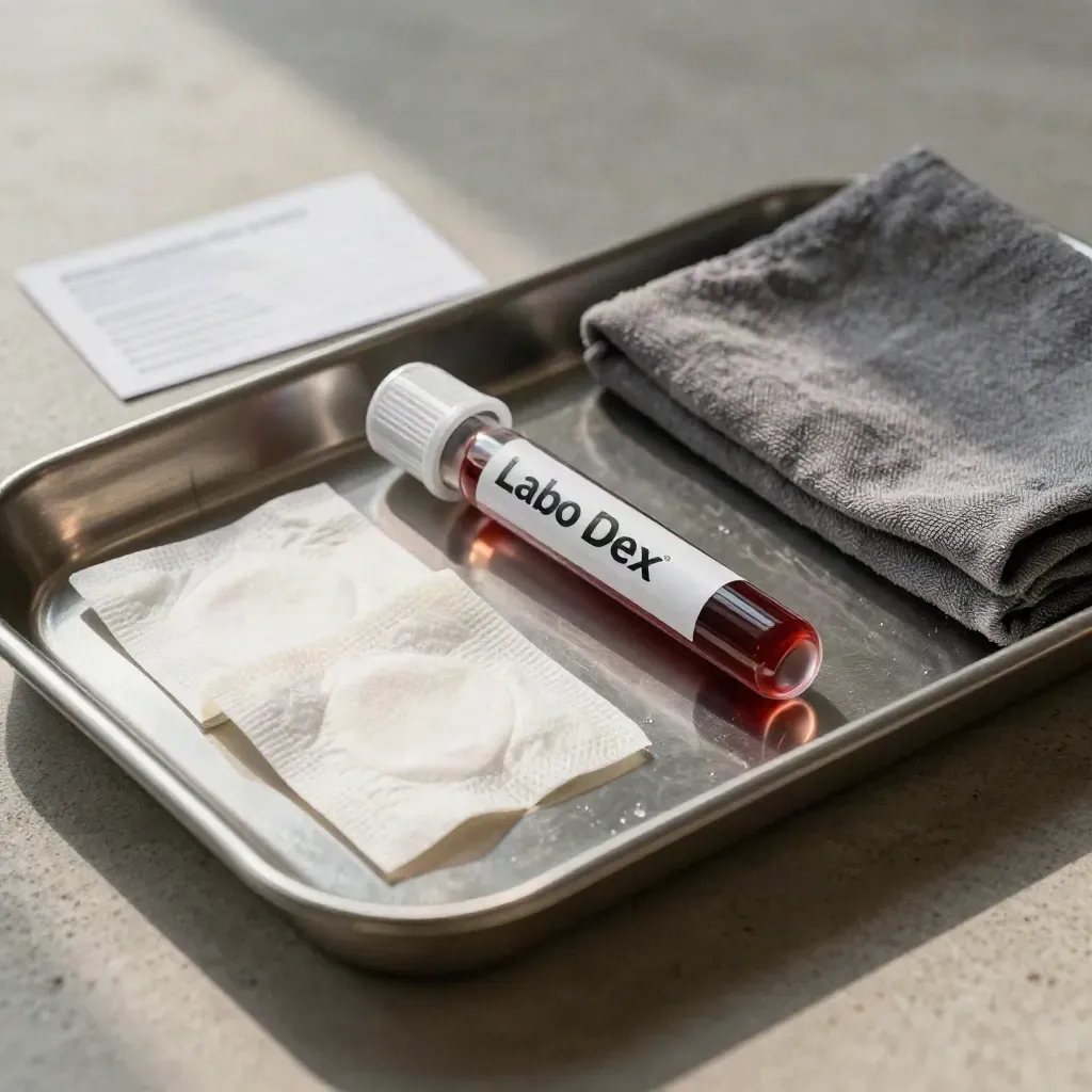 Tube de prélèvement scellé, compresses et plateau inox sur pierre, lumière clinique douce.