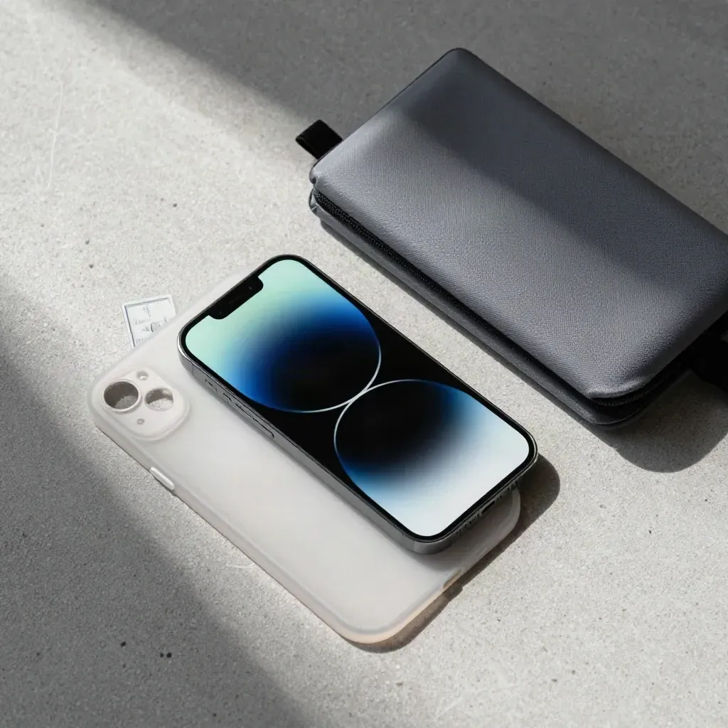 Téléphone en veille, étui de confidentialité, témoin menthe et pochette sur béton gris.