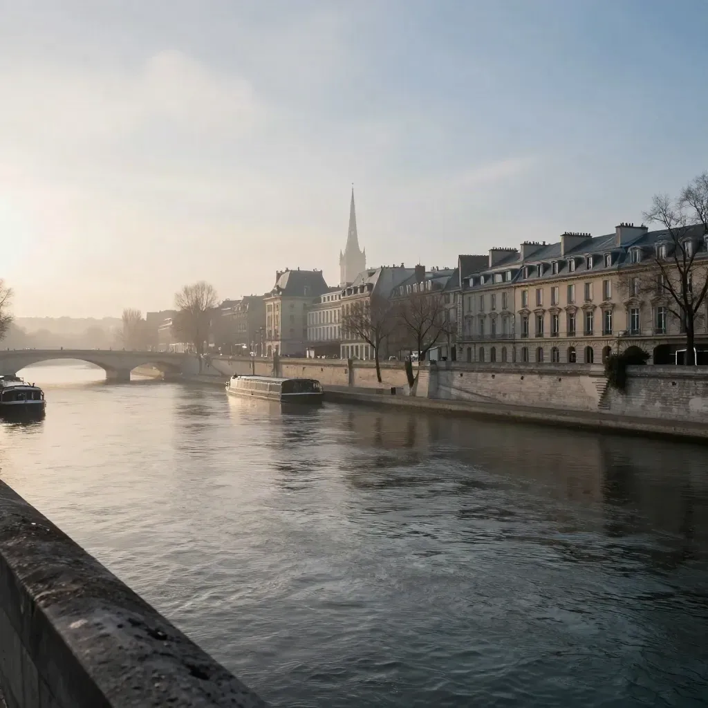 Vue de Paris et de la Seine à l’aube depuis un pont élevé, tour lointaine dans la brume.