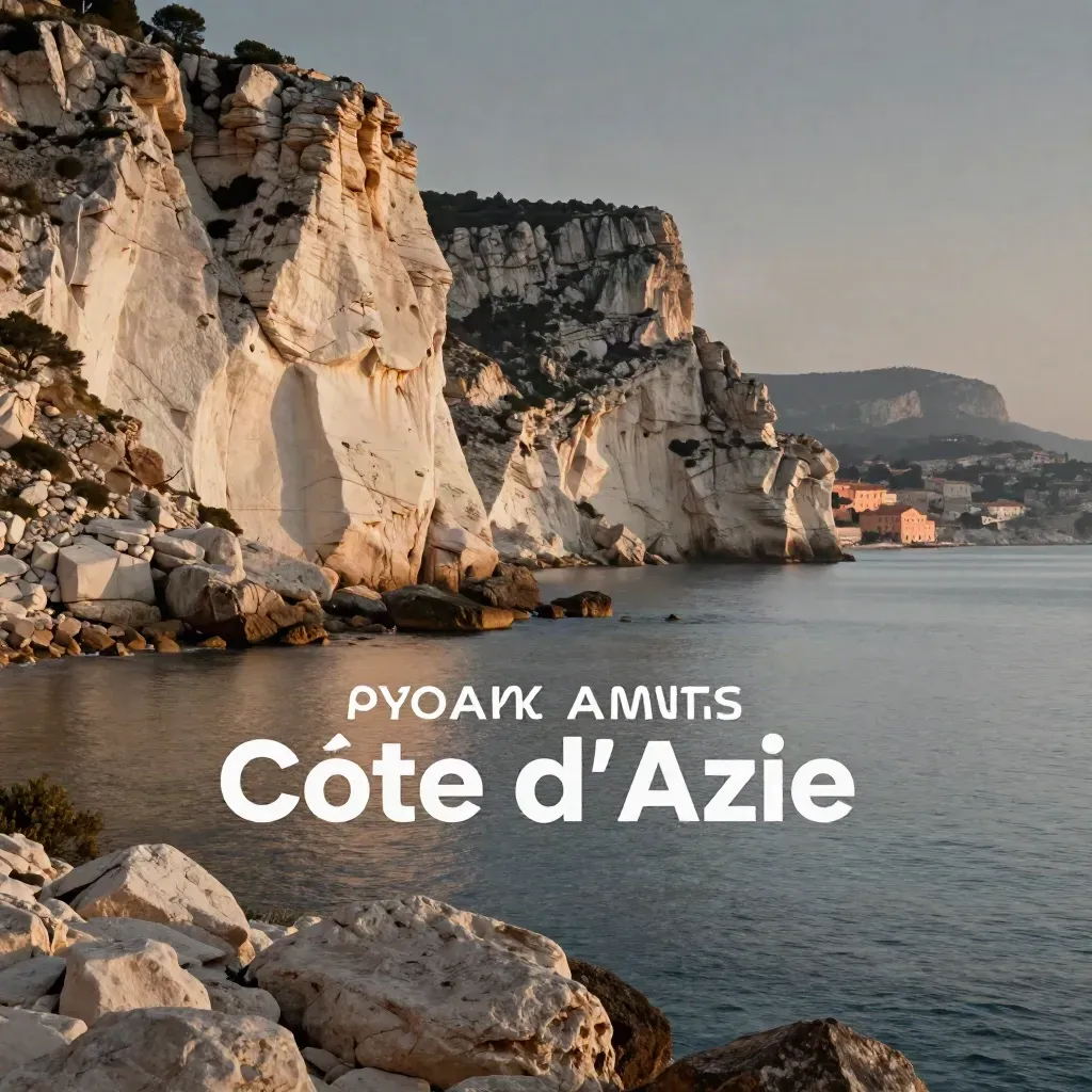 Falaises calcaires de la Côte d’Azur au soleil doré, mer calme et espace vide pour le texte.