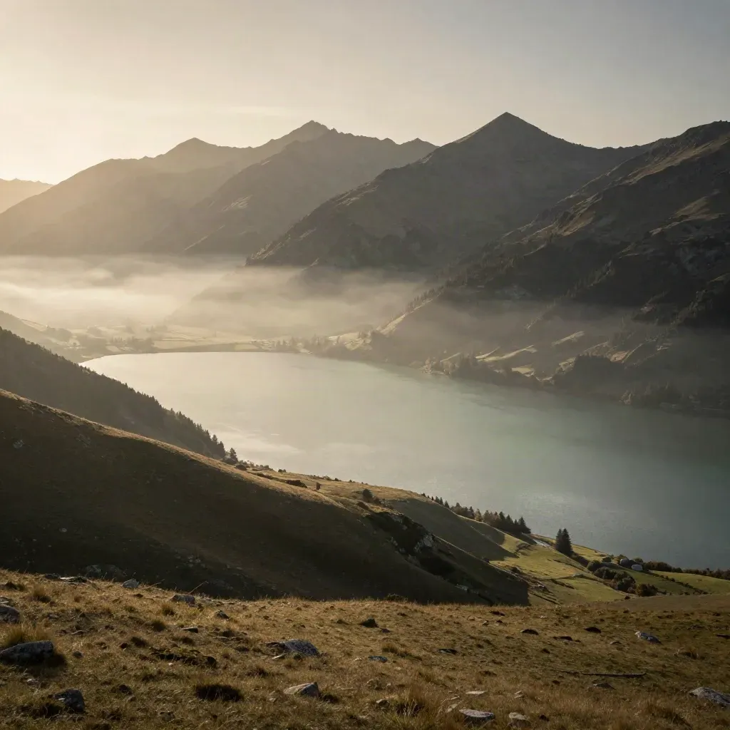 Massif alpin et vallée lacustre sous une brume matinale, avec un premier plan de pente douce.