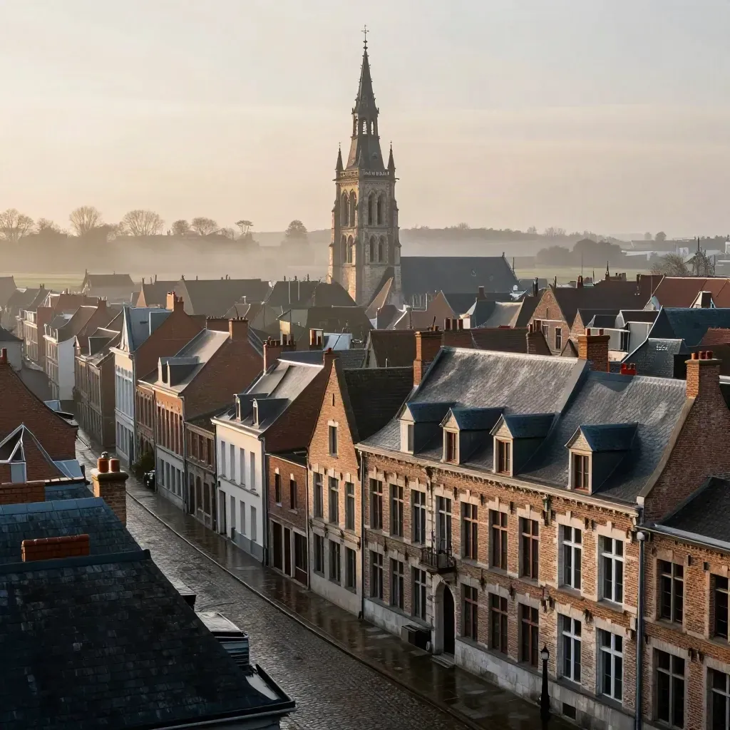 Vue brumeuse de Lille avec beffroi, façades flamandes et pavés mouillés sous un ciel laiteux.